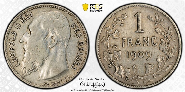 Read more about the article 1909 Belgium 1 Franc Des Belges – PCGS VF30 – Silver (.835) – KM#56.1