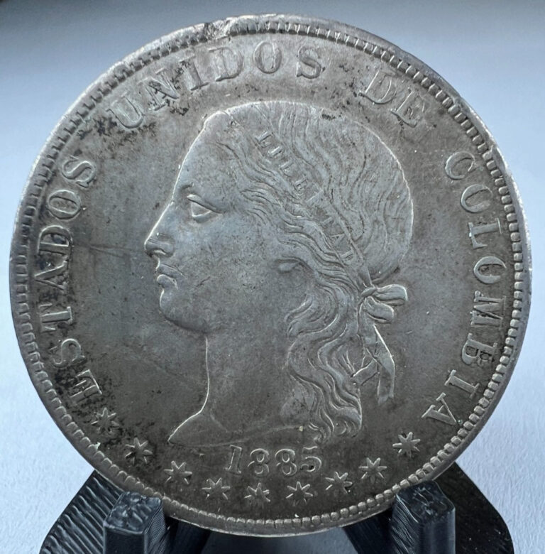 Read more about the article 1885 Colombia 5 Five Decimos  KM# 161.1  Silver  3 year type!