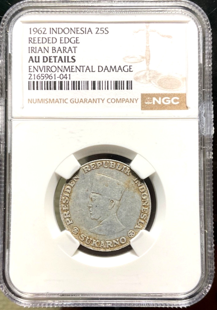 Read more about the article 1962 Indonesia 25 Sen  Reeded Edge  Irian Barat  NGC AU Details-Damage