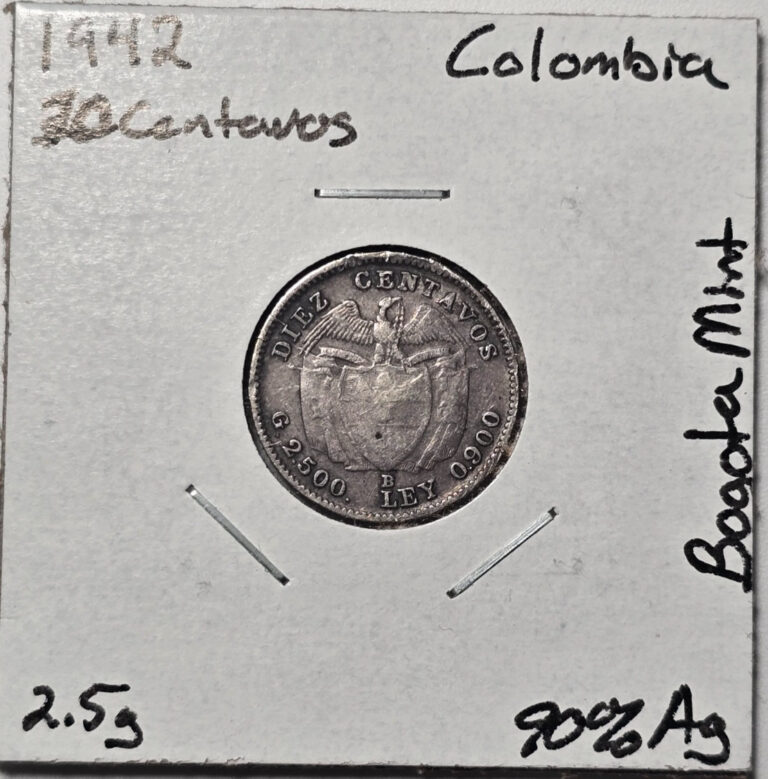 Read more about the article 1942 – 10 Centavos Colombia Silver Coin  with B – Bogota Mint  .90 Silver