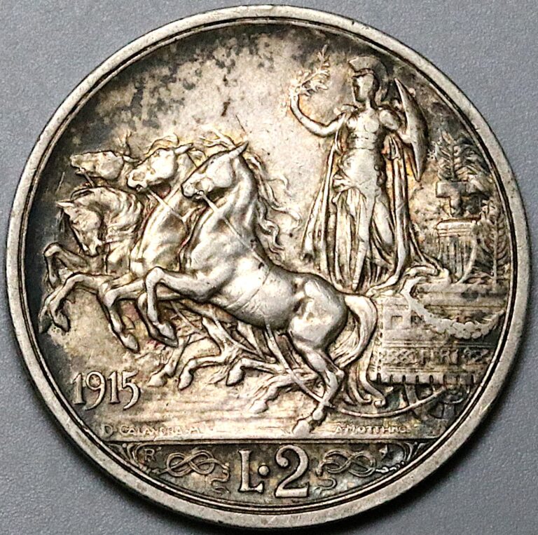 Read more about the article 1915 Italy 2 Lire AU Horses Chariot Quadriga Silver Coin (24053103R)