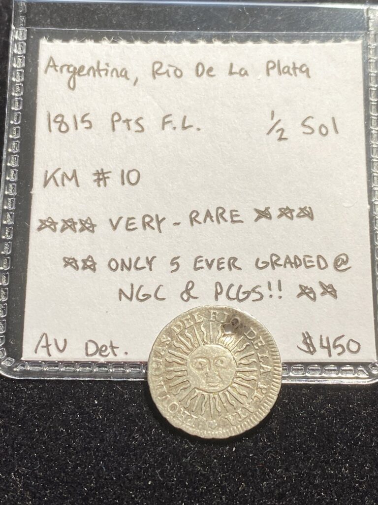 Read more about the article VERY RARE Argentina 1815 Potosi F.L. SILVER 1/2 Sol ONLY 5 GRADED!! SUNFACE TYPE