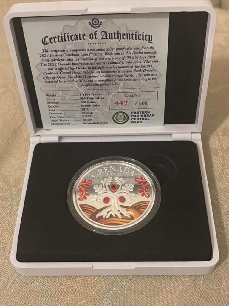 Read more about the article 2022 1 oz Grenada Nutmeg Tree EC8 Silver Coin – Proof Color w/ COA L.E. #442/500