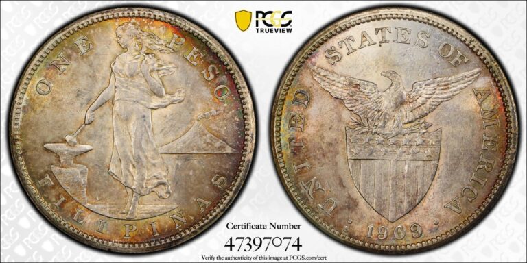 Read more about the article 1909 S US Philippines Silver Peso PCGS MS62 Nice Toning                     5204