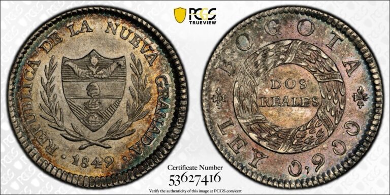 Read more about the article 1849 Colombia Silver 2 Reales  Bogota  PCGS MS-61
