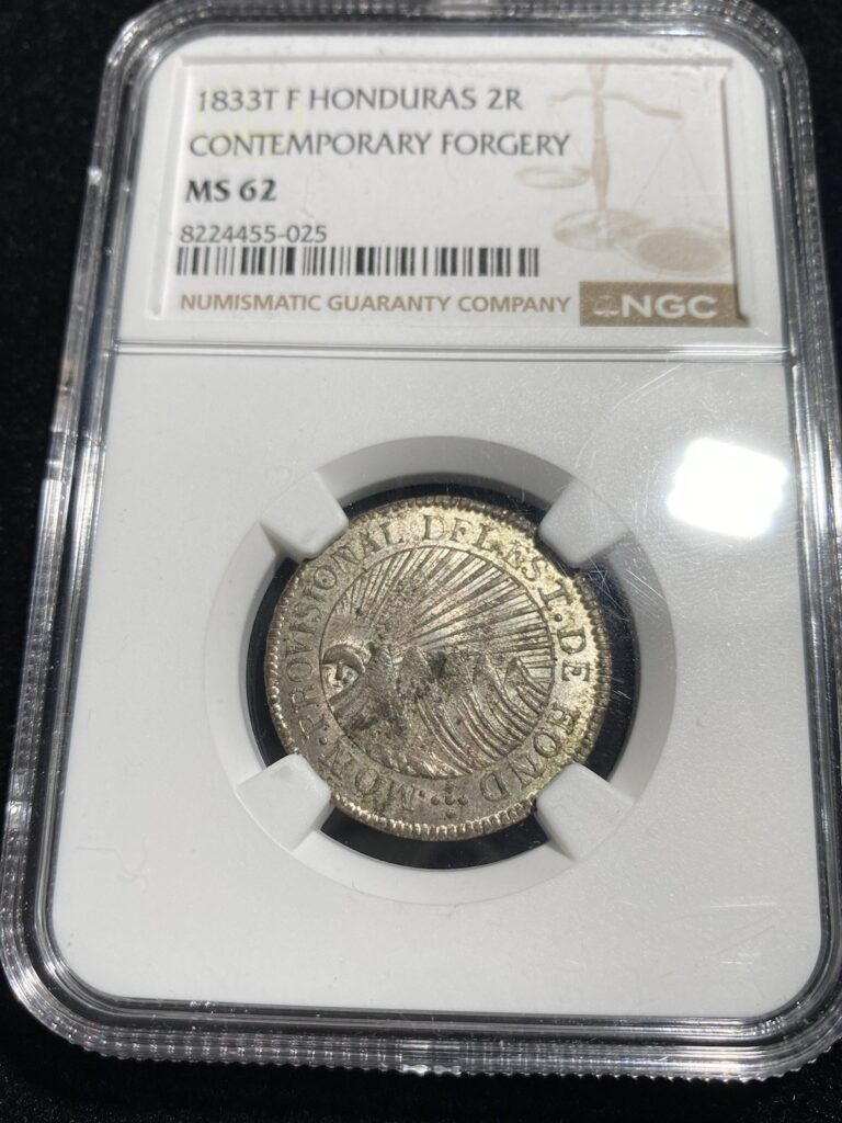 Read more about the article !!RARE!! 1833 T F Honduras SILVER 2 Reales NGC MS 62 **TOP POP** SUNFACE TYPE!!