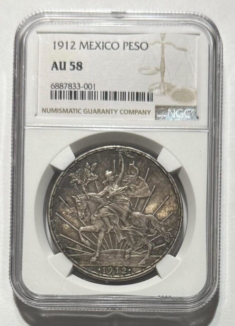 Read more about the article 1912 Mexico Peso Beautiful Coin  NGC AU 58 Clave Date.