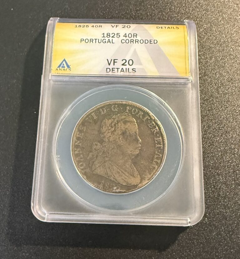 Read more about the article 1825 PORTUGAL 40 Reales ANACS VF20 Details Corroded – Large Thick Heavy Bronze