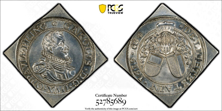 Read more about the article 1619-M Liechtenstein 1/2 Thaler Klippe Restrike c. 1970 Ag Silver Coin PCGS MS62