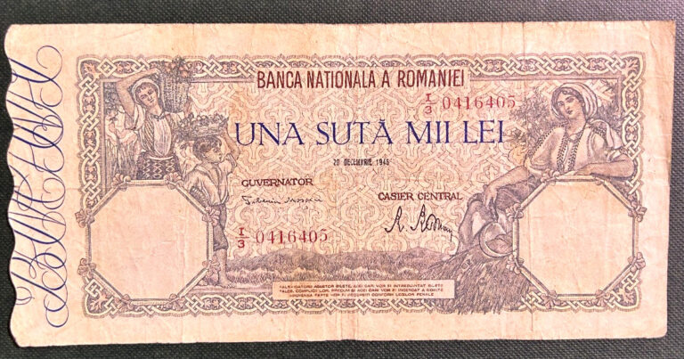 Read more about the article ROMANIA  1946  100 000 LEI   P-58  GRADE FINE  Free Shipping