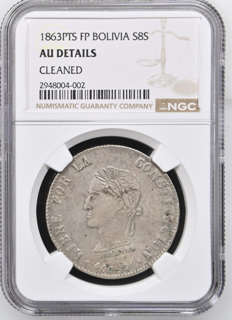 Read more about the article 1863 PTS FP Bolivia 8 Soles Silver Dollar NGC AU Cleaned High Value
