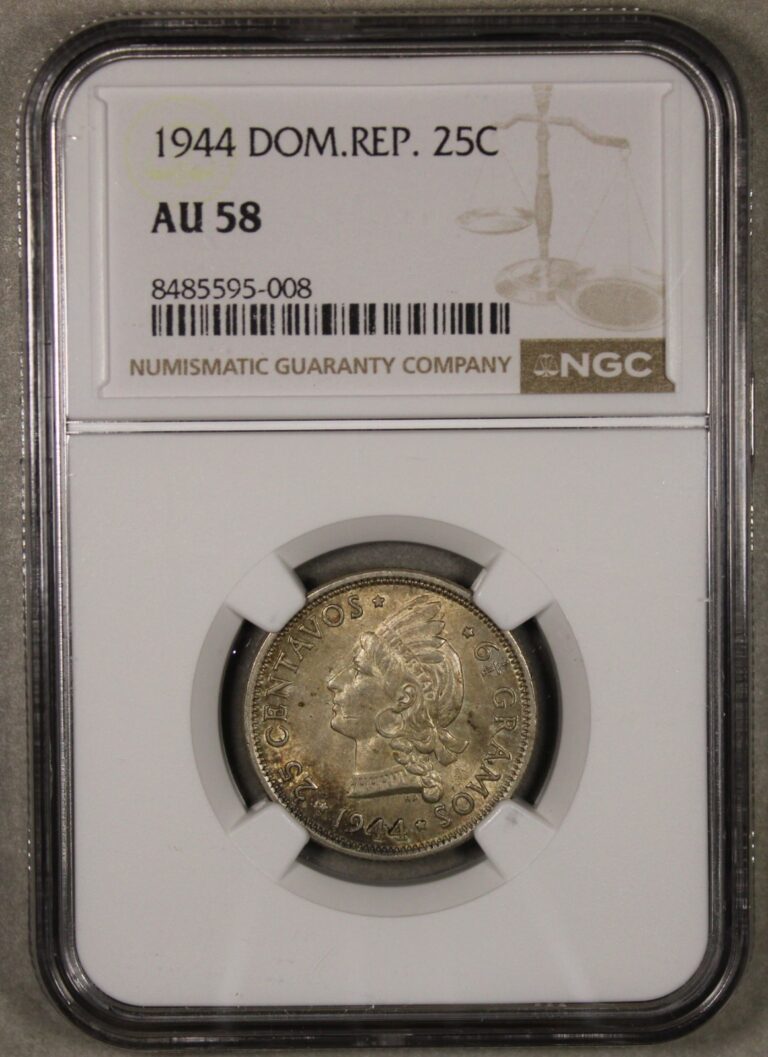 Read more about the article 1944 Dominican Republic Silver 25 Centavos NGC AU58