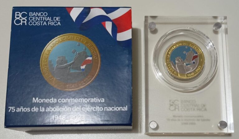 Read more about the article Costa Rica Commemorative Coin Set 75th Abolición ejército ₡500 00 Acrylic and Case