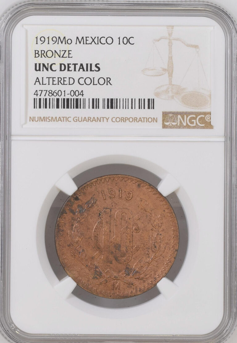 Read more about the article 1919MO MEXICO BRONZE 10C NGC CERTIFIED COIN UNC DETAILS ALTERED COLOR