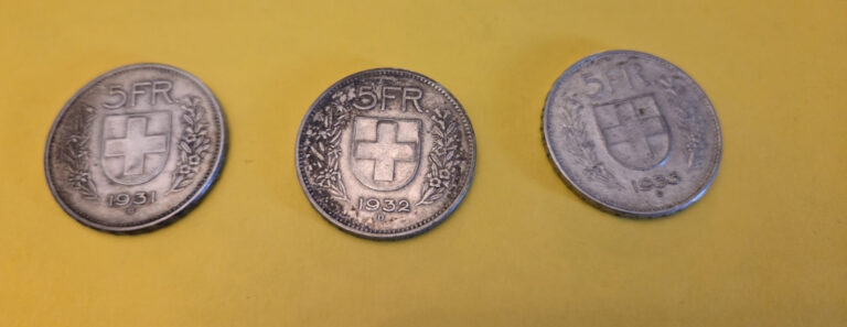 Read more about the article 3 Switzerland 5 Franc Silver Coins: 1931  1932  1933