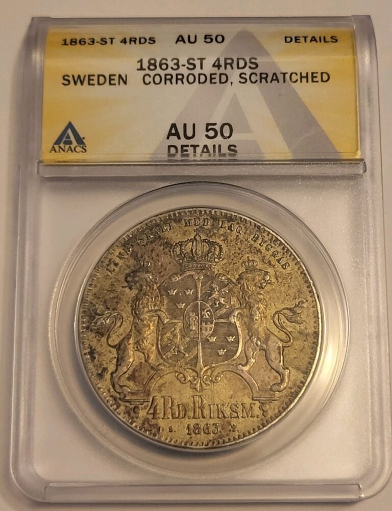 Read more about the article 1863-ST 4RDS  SWEDEN 4 RIKSDALER  ANACS AU 50 DETAILS  RARE  268K MINTAGE