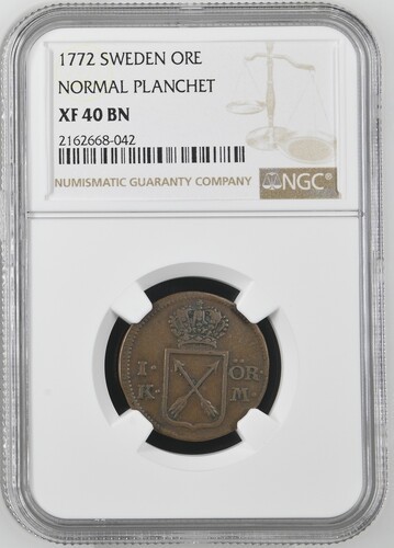 Read more about the article 1772 SWEDEN NORMAL PLANCHET 1 ORE NGC XF 40 BN Certified Coin