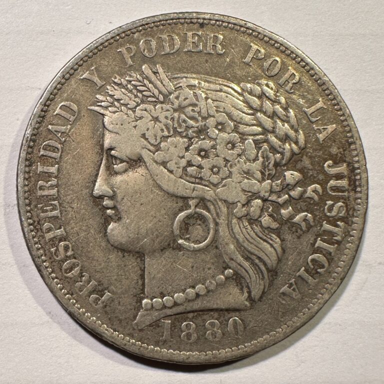 Read more about the article 1880 B Peru 5 Pesetas No Dot Silver Crown Sized Coin Market Fresh