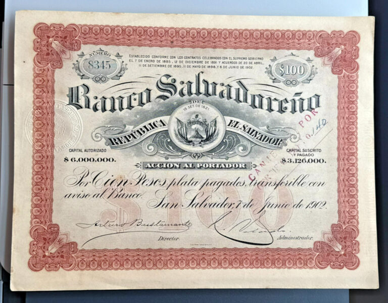 Read more about the article HISTORIC RELIC ACCION AL PORTADOR BANCO SALVADORENO 1902 100 PESOS DE PLATA