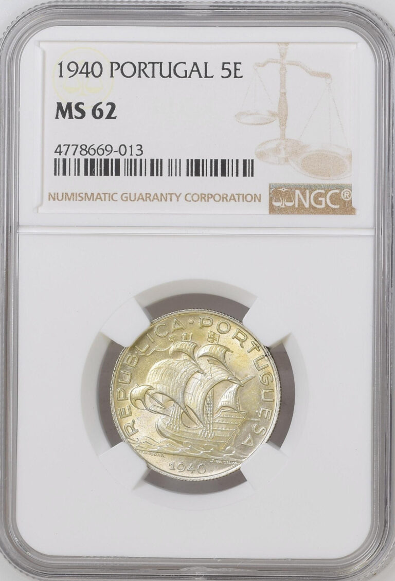 Read more about the article 1940 PORTUGAL 5 ESCUDOS NGC CERTIFIED COIN MS 62