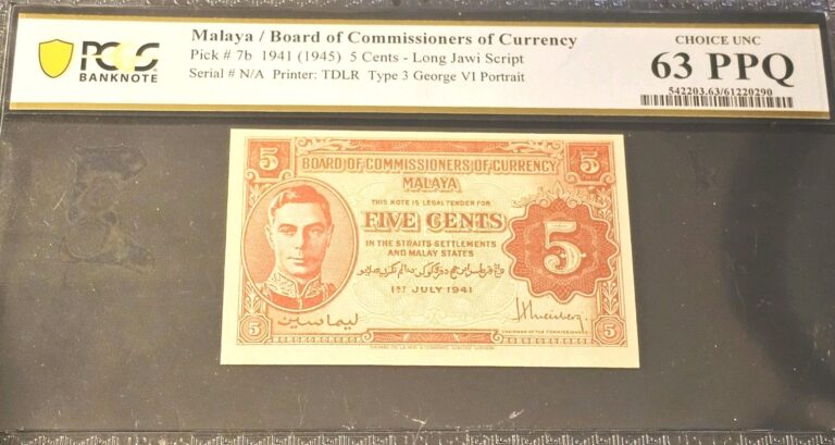 Read more about the article 1941 MALAYA / BRITISH ADMIN.  P-7b    5 Cents   PCGS 63 PPQ  King George VI