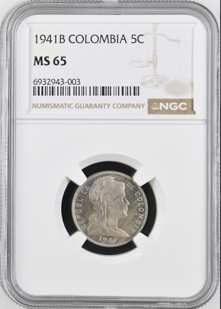 Read more about the article :1941-B 5-CENTAVOS COLOMBIA HEAD RIGHT GEM NGC MS65 UNIQUE RARE R10 1/0 TOP POP