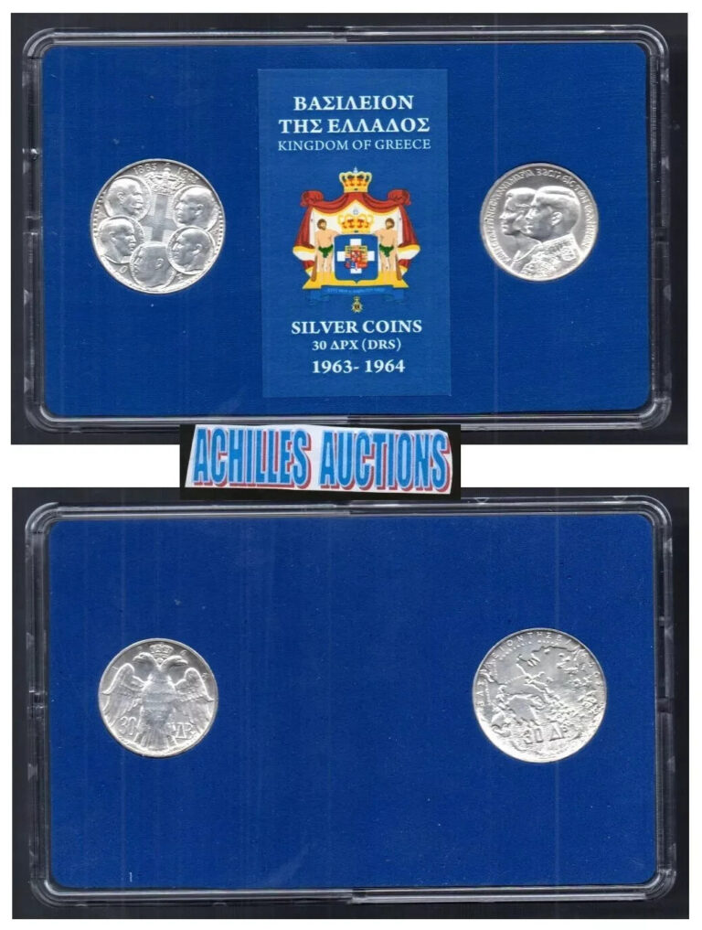 Read more about the article 30 Drachmai 1963 and 1964 XF  Greek Kings 1863-1973  2 Silver Coins in BOX  N2