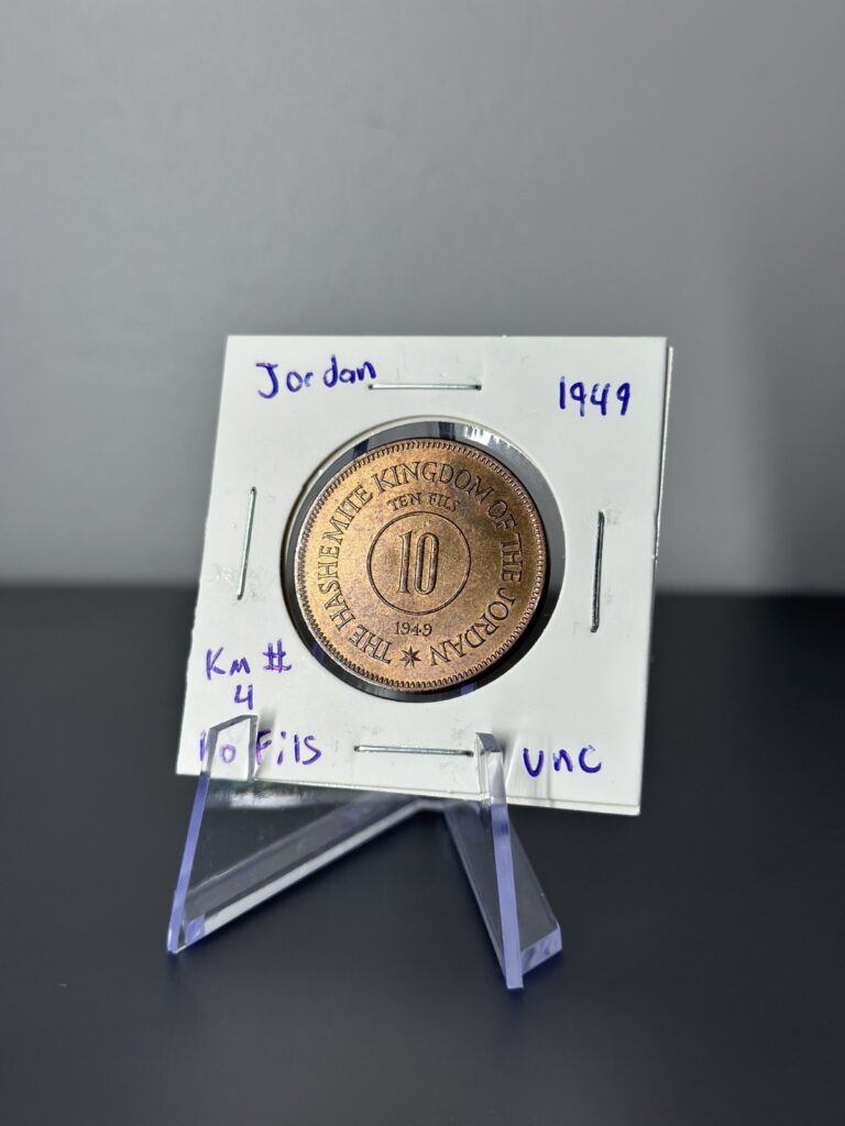 Read more about the article 1949 Jordan 10 Fils KM#4 Bronze UNC Coin AH1368 Hashemite Kingdom