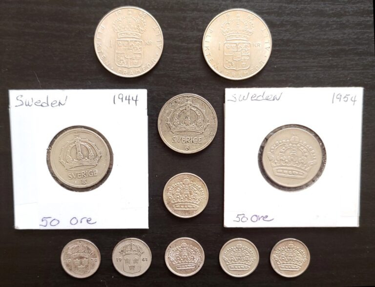 Read more about the article Sweden – 11 silver coins  10 Ore – 1 Krona 1938-63  no dups  a few better grades