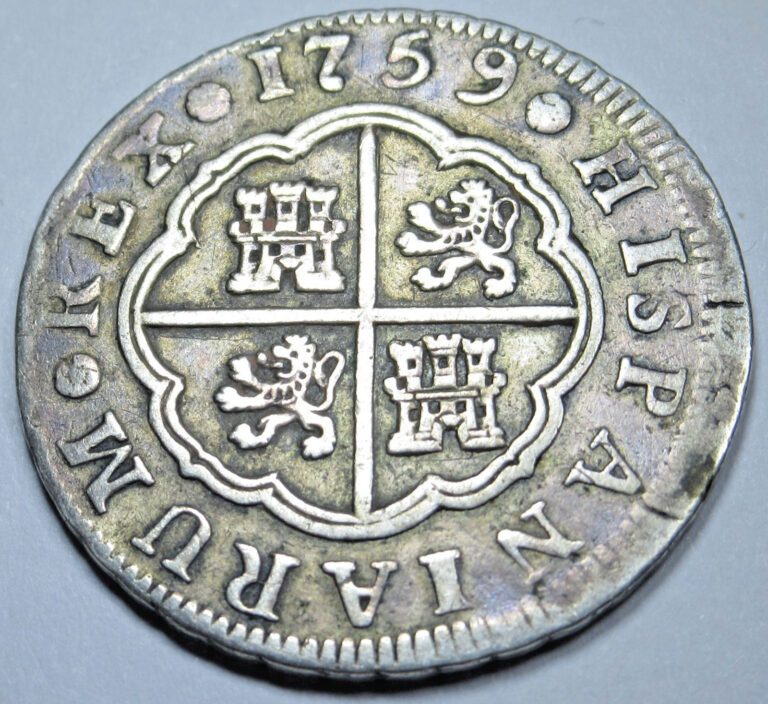 Read more about the article 1759 Spanish Silver 2 Reales Genuine 1700’s Colonial Cross Pirate Treasure Coin