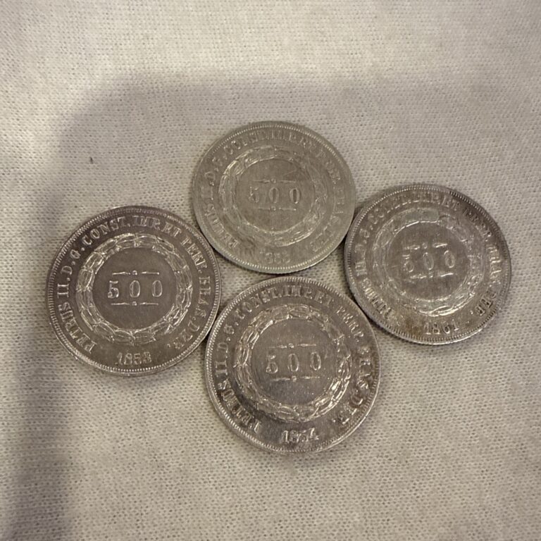 Read more about the article Brazilian 500 Reis Lot (4) BU Silver Fine .917 Coins 1853 54 55 and61