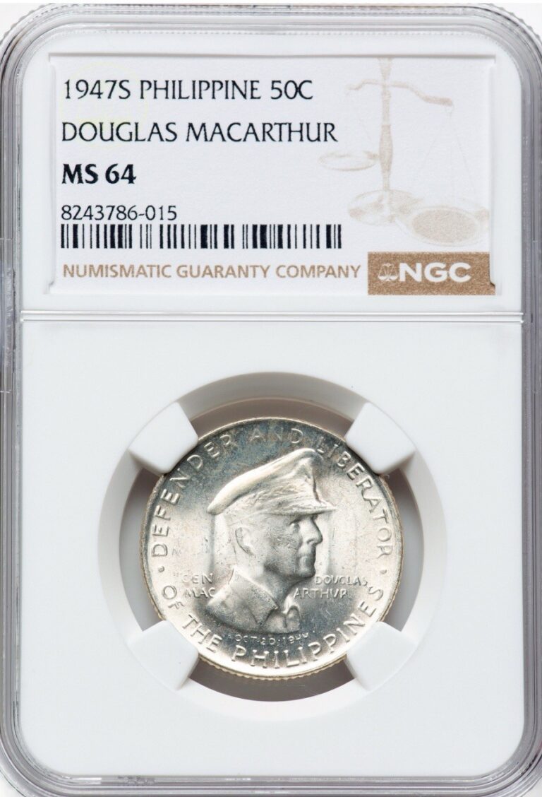 Read more about the article 1947 S – Philippines Douglas MacArthur-50 Fifty Centavos-NGC MS64-Blast White