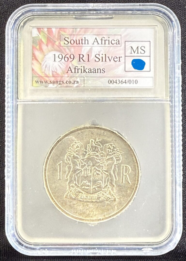 Read more about the article 1969 South Africa Silver 1 Rand Gem BU Afrikaans Legend KM# 80.2 SANGS Graded