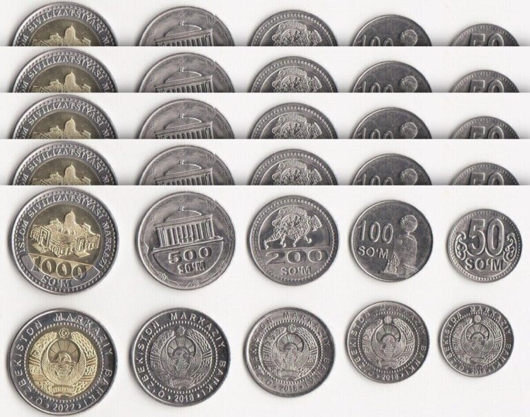 Read more about the article Uzbekistan 5 (x) 5 Pcs Coins SET   50 100 200 500 1000 Sum 2018 2022  UNC 25 Pcs