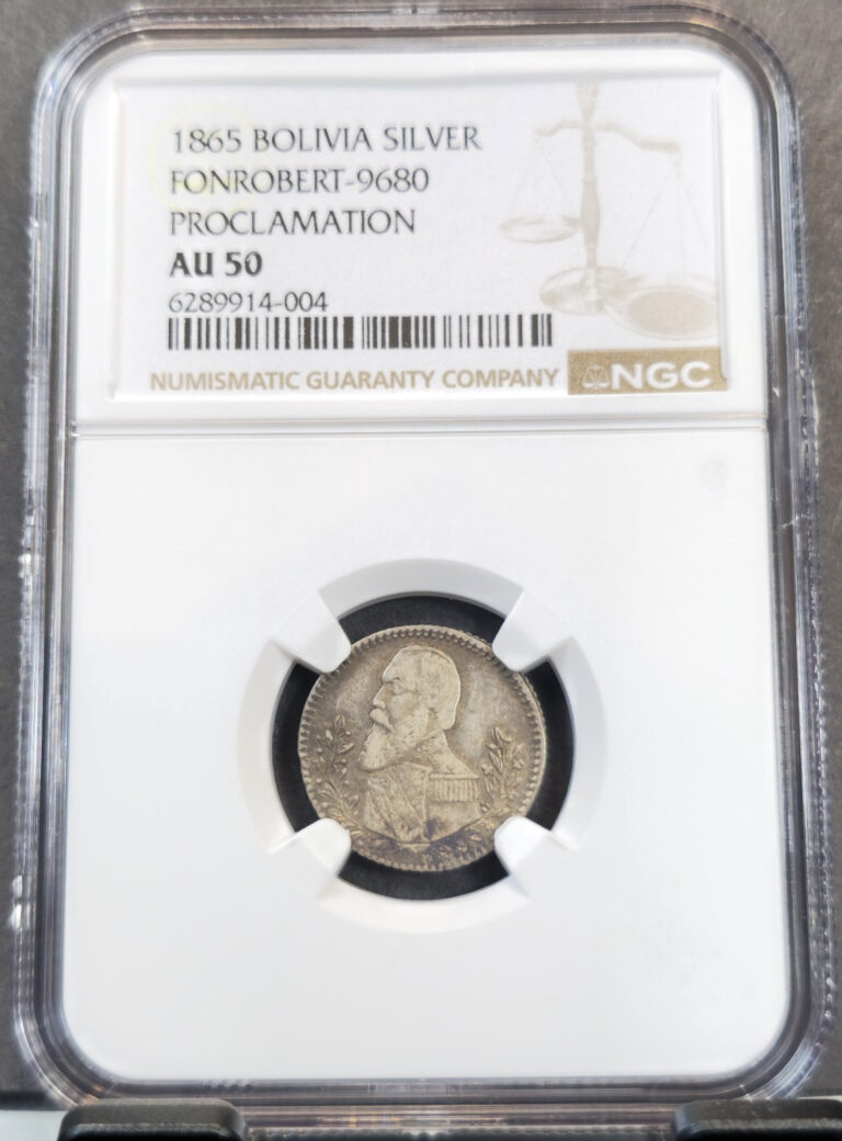 Read more about the article 1865 BOLIVIA SILVER 1 SOL MEDALLIC ISSUE FONROBERT-9680 PROCLAMATION NGC AU 50