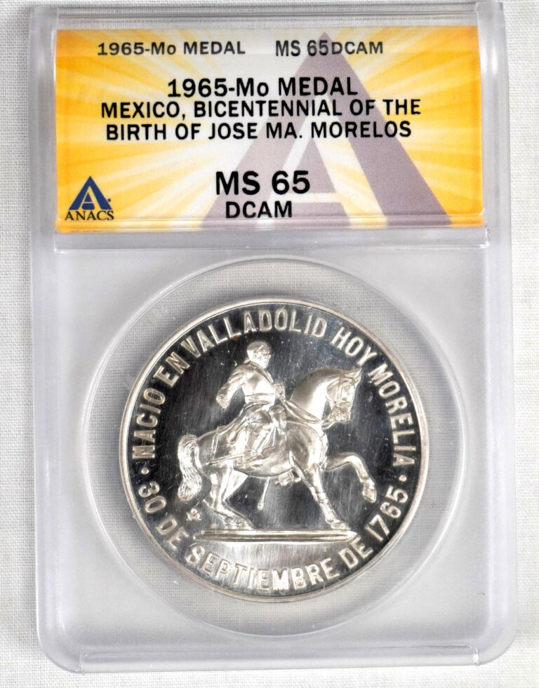 Read more about the article MEXICO 1965 SILVER MEDAL  BIRTH OF JOSE MORELOS  GROVE 326a ANACS MS65 DCAM
