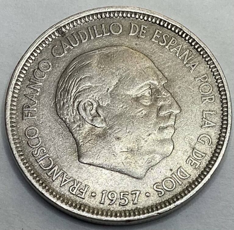 Read more about the article SPAIN 1957(63)  5 Pesetas Francisco Franco Caudillo Cu/Ni  Key Date Coin  KM 786