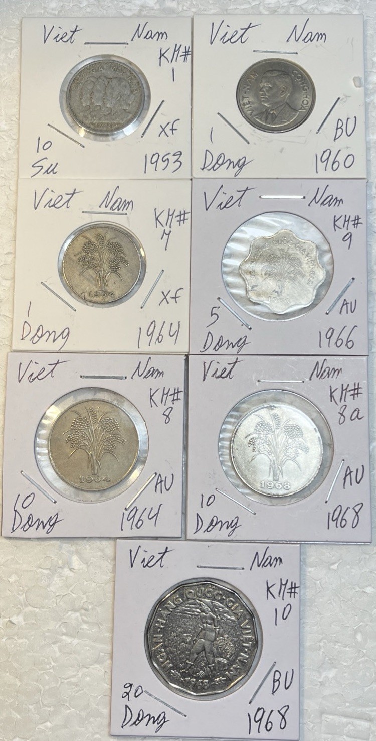 Read more about the article 1953 – 1968 Vietnam 10 Su and 1  5  10 and 20 Dong XF – BU 7 Coin Lot