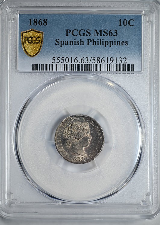 Read more about the article 1868 Spanish Philippines 10C Centimos PCGS MS63