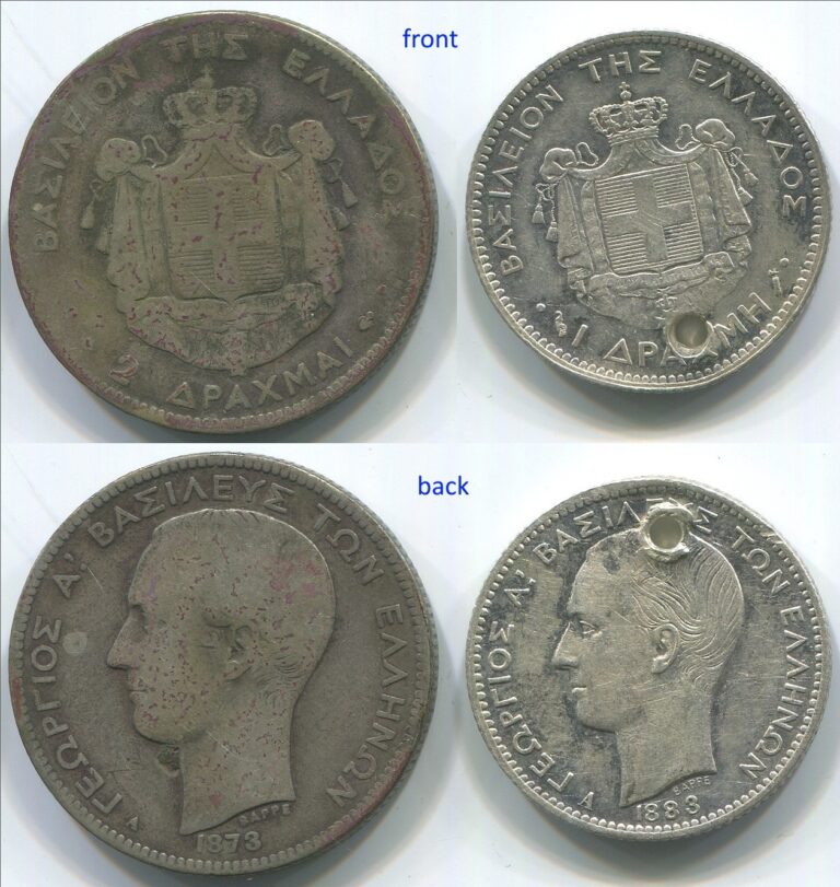 Read more about the article Greece 1873 2 Drachmai KM#39  1883 1 Drachme KM#38 holed  two silver coins. C011
