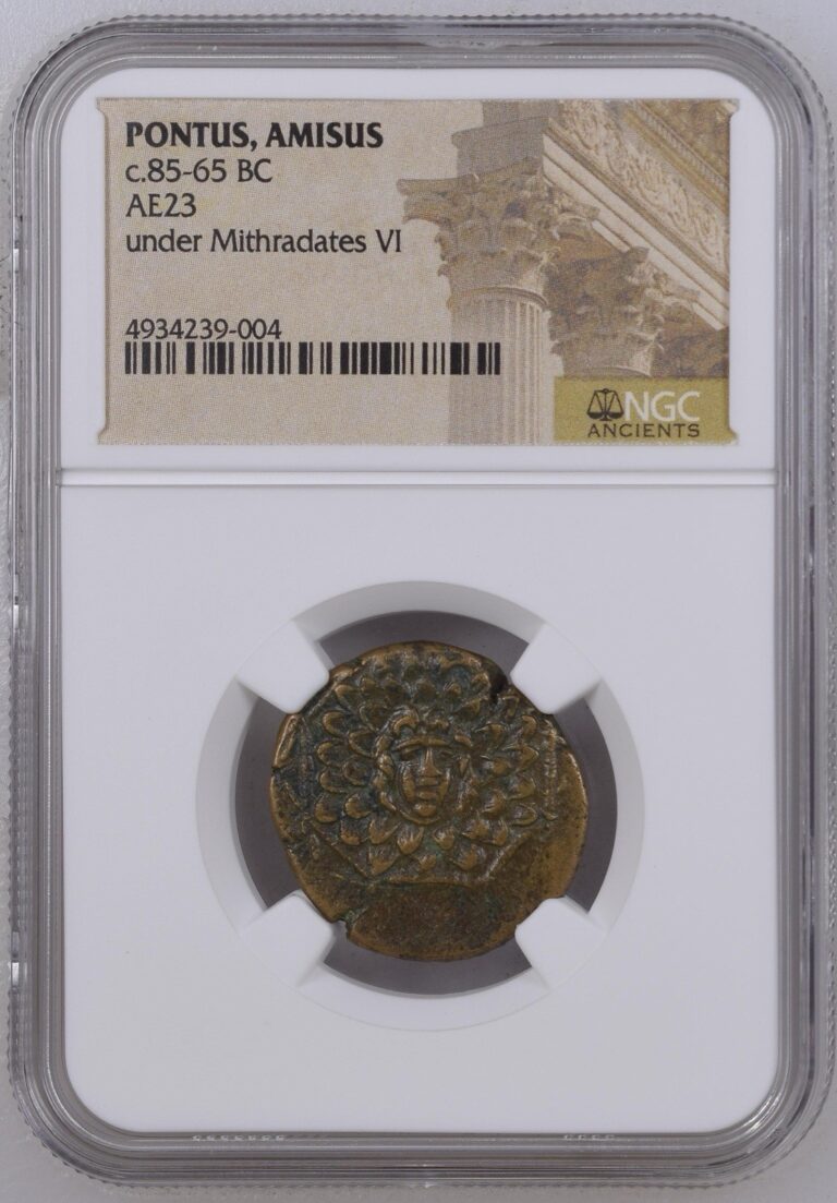 Read more about the article NGC AE23 of Mithradates VI 85-65 BC  Ancient Bronze Coin – Pontus Amisus Gorgon