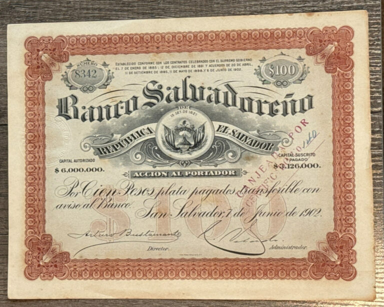 Read more about the article HISTORIC RELIC ACCION AL PORTADOR BANCO SALVADORENO 1902 100 PESOS DE PLATA 8342