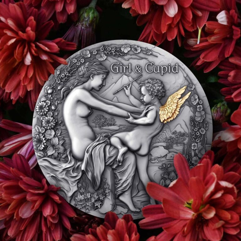 Read more about the article 2023 Cameroon 2 Oz Silver 2000F Girl and Cupid Antique Finish Gilded Coin