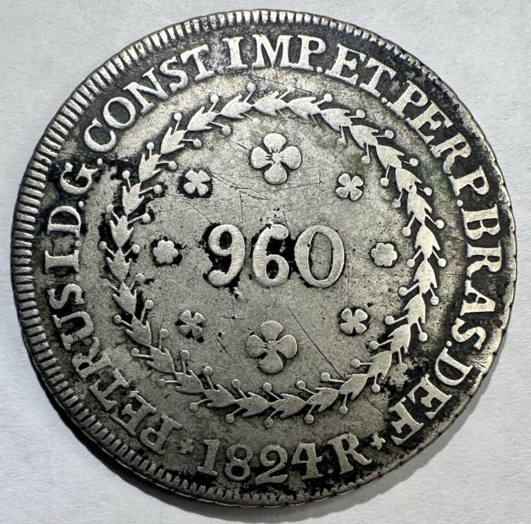 Read more about the article 1824 Brazil 960 Reis  Pedro I Silver Crown  VF Nice! 200 Years Old!