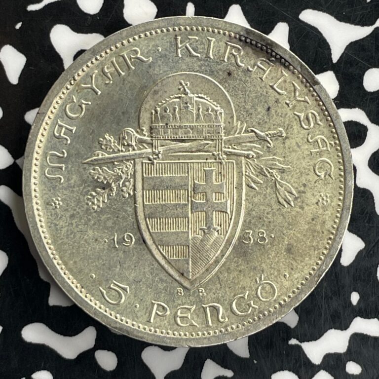 Read more about the article 1938 Hungary 5 Pengo Lot#C3736 Large Silver Coin! High Grade! Beautiful!