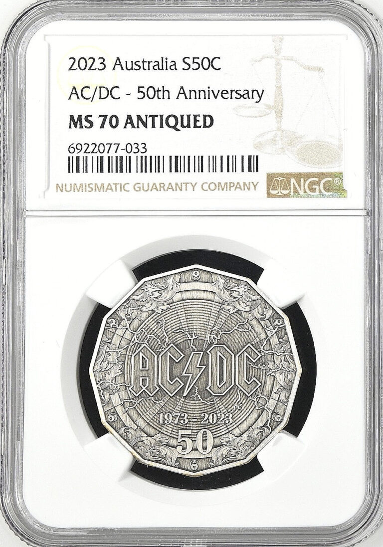 Read more about the article 2023 Australia 50c AC⚡️DC 50th Anniversary .999 FINE  NGC MS70 Antiqued – POP 21
