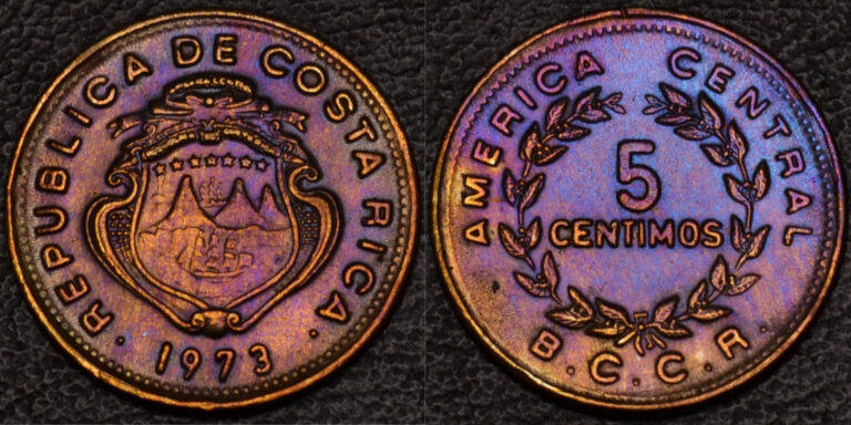 Read more about the article 1973 Costa Rica 5 Centimos GOLD  BLUE  and PURPLE TONING (L53-46)