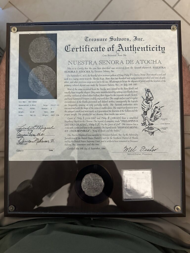 Read more about the article ATOCHA  1622 SHIPWRECK FISHER COA BOLIVIA 8 REALES PIRATE COIN. Grade 2 Framed!