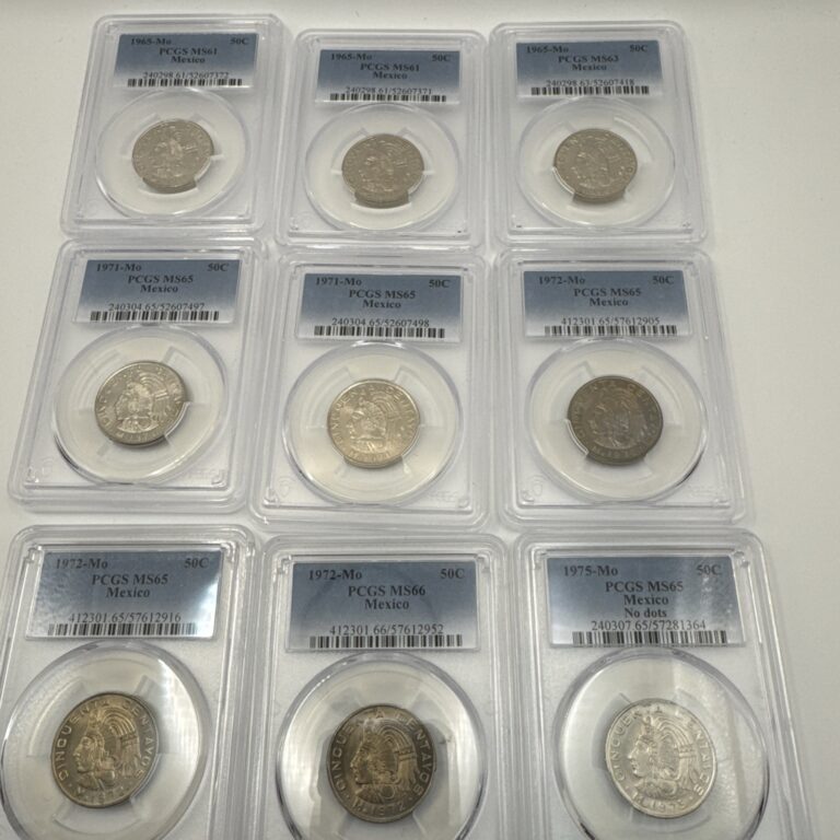 Read more about the article Lot Of 9 Mexico 50C PCGS Various Dates 1965 to 1972 All Certified Slabs