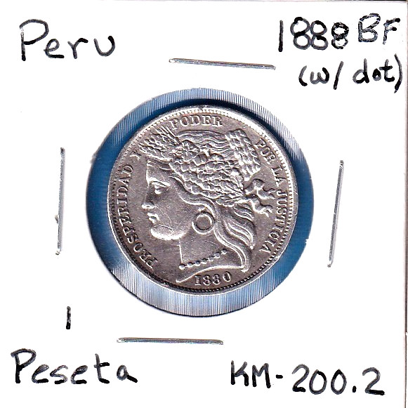 Read more about the article 1880BF Peru 1 Peseta (KM-200.2) .1447 ASW Silver!!! [one-year issue]